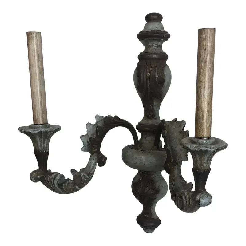 Vintage Italian Wood Carved Two Light Wall Sconce in Oxidized Silver and Light Blue Finish - 10