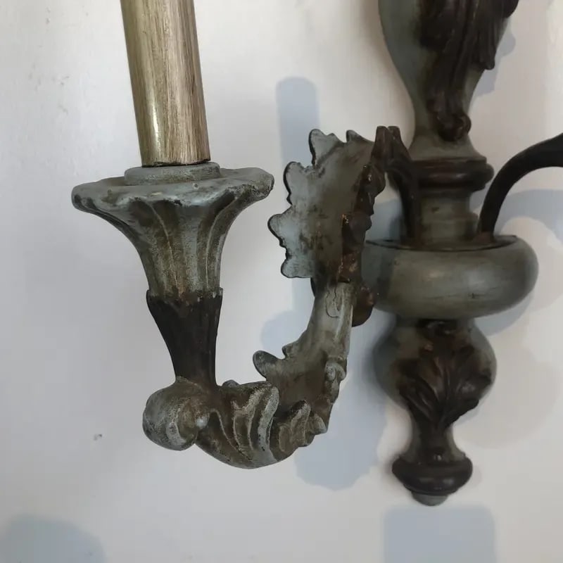 Vintage Italian Wood Carved Two Light Wall Sconce in Oxidized Silver and Light Blue Finish - 12