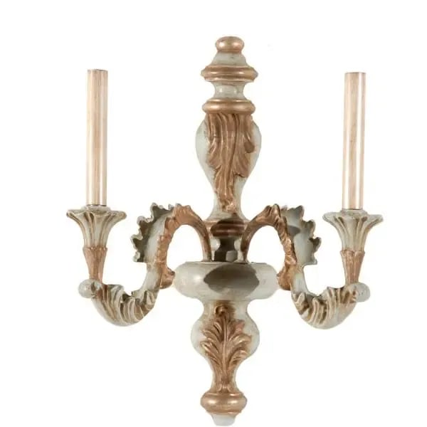 Vintage Italian Wood Carved Two Light Wall Sconce in Oxidized Silver and Light Blue Finish - 13