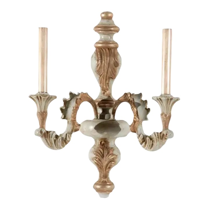 Vintage Italian Wood Carved Two Light Wall Sconce in Oxidized Silver and Light Blue Finish: Wood carved two light wall sconce in an oxidized silver and light blue finish. Italy. Condition: Alterations: Original Condition Unaltered Imperfections: Some Imperfections Condition Notes: Excellent