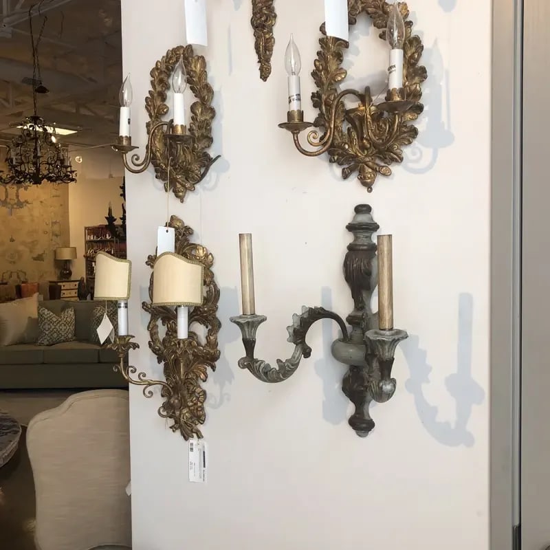 Vintage Italian Wood Carved Two Light Wall Sconce in Oxidized Silver and Light Blue Finish - 2
