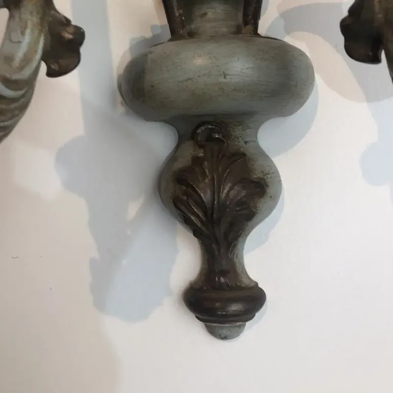 Vintage Italian Wood Carved Two Light Wall Sconce in Oxidized Silver and Light Blue Finish - 3