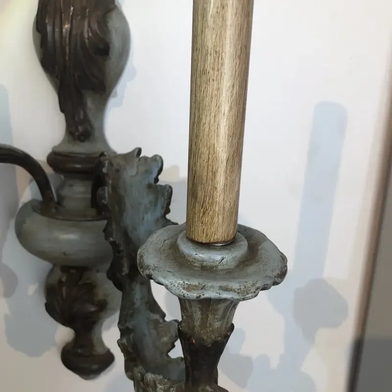 Vintage Italian Wood Carved Two Light Wall Sconce in Oxidized Silver and Light Blue Finish - 4