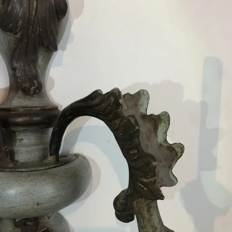 Vintage Italian Wood Carved Two Light Wall Sconce in Oxidized Silver and Light Blue Finish - 5