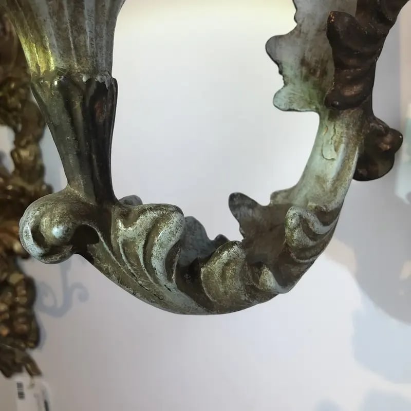 Vintage Italian Wood Carved Two Light Wall Sconce in Oxidized Silver and Light Blue Finish - 7