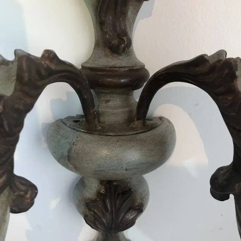 Vintage Italian Wood Carved Two Light Wall Sconce in Oxidized Silver and Light Blue Finish - 8