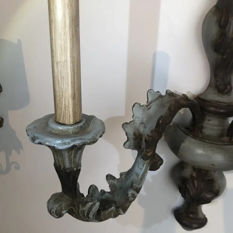 Vintage Italian Wood Carved Two Light Wall Sconce in Oxidized Silver and Light Blue Finish - 9