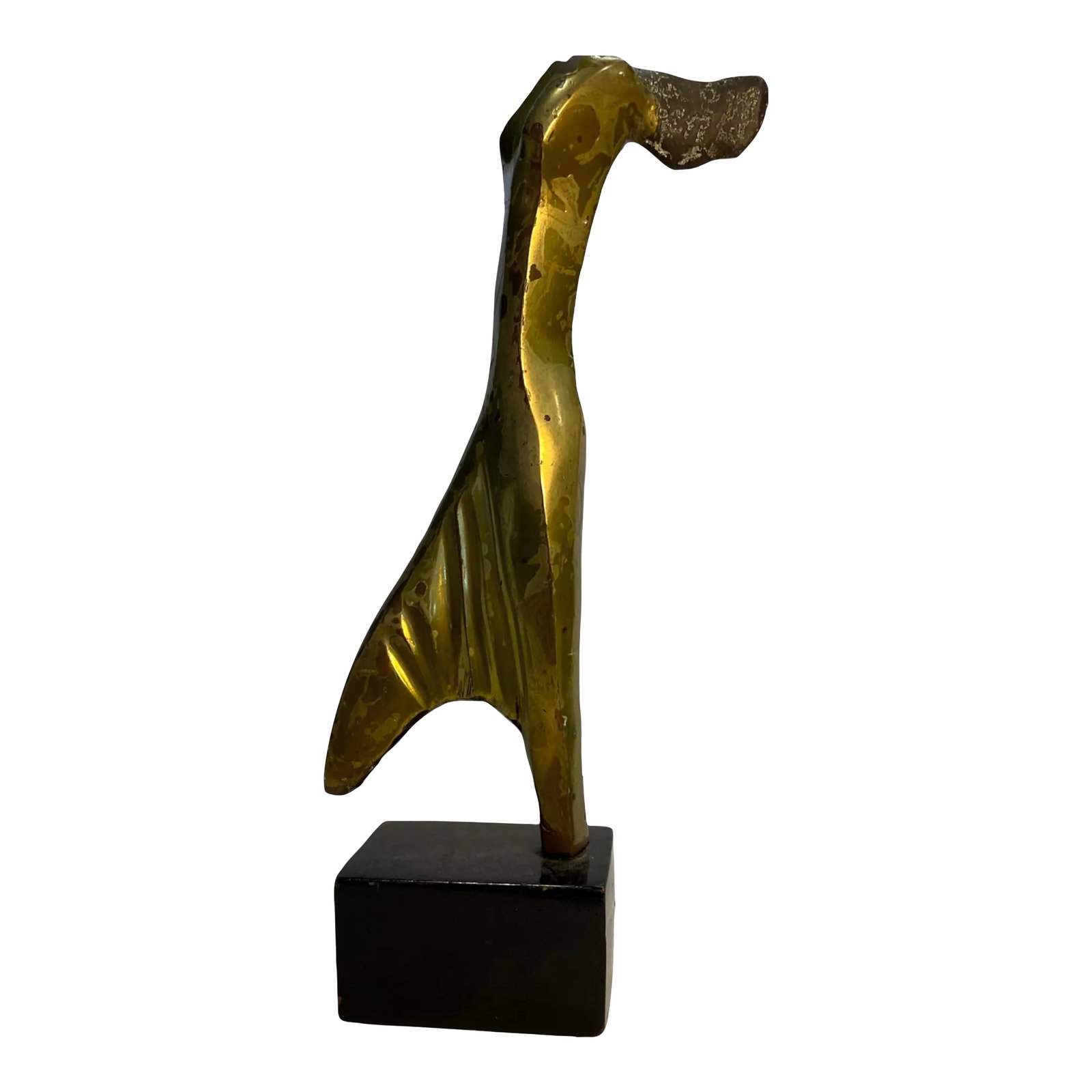 Mid 20 Century Abstract Figurative Brass Sculpture: Mid 20th century abstract figurative sculpture. From Brazil, this piece depicts a walking figure in brass set on a wooden base in black; has an attractive patina. Unsigned by artist. Condition: