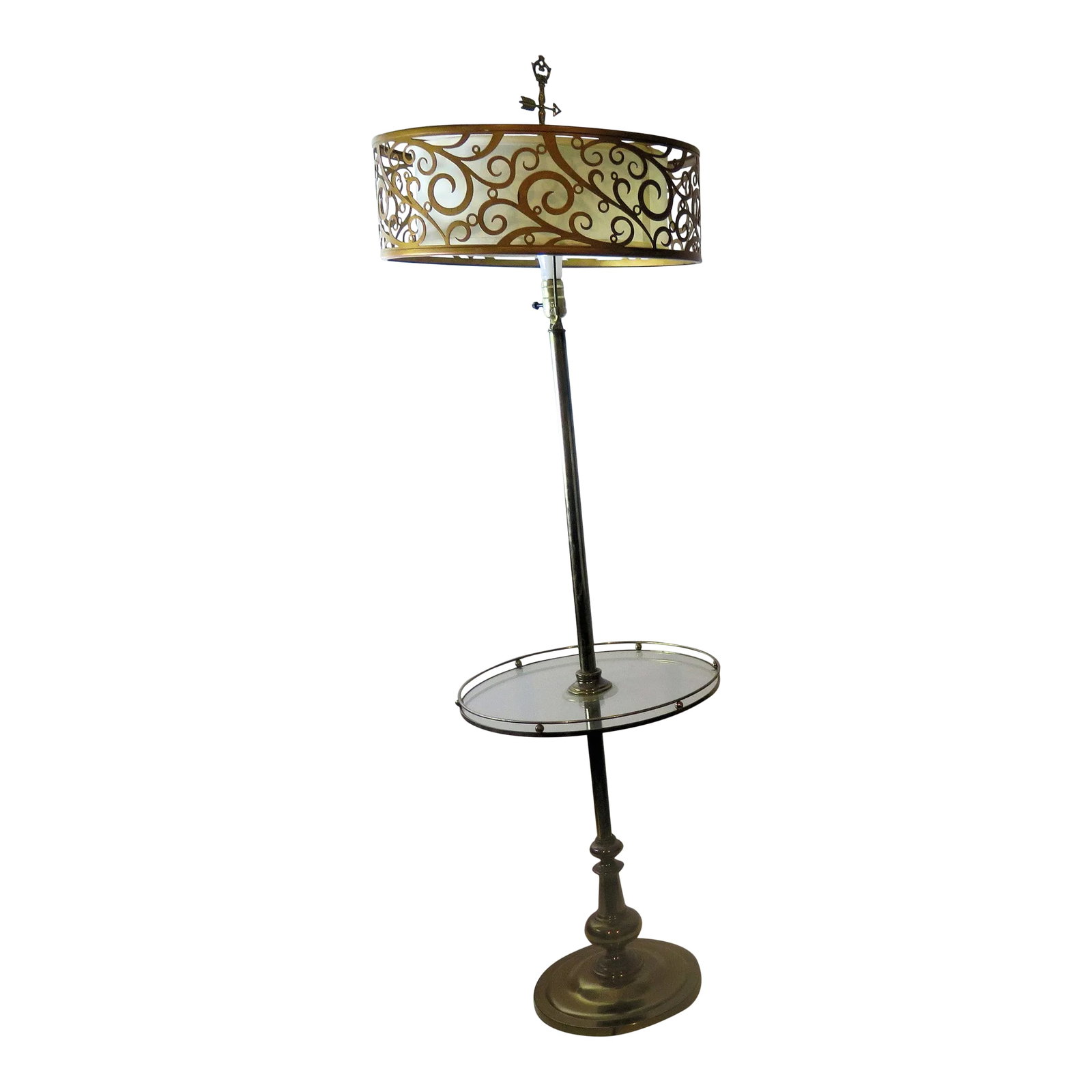 Vintage French Floor Lamp With Circular Tray With Raised Balcony and Cut Out Metal Shade: This is the most sophisticated floor lamp of it's style I've yet to see and what makes it so unique is the double shades including the white linen shade, that surrounds the a metal cut out shade which