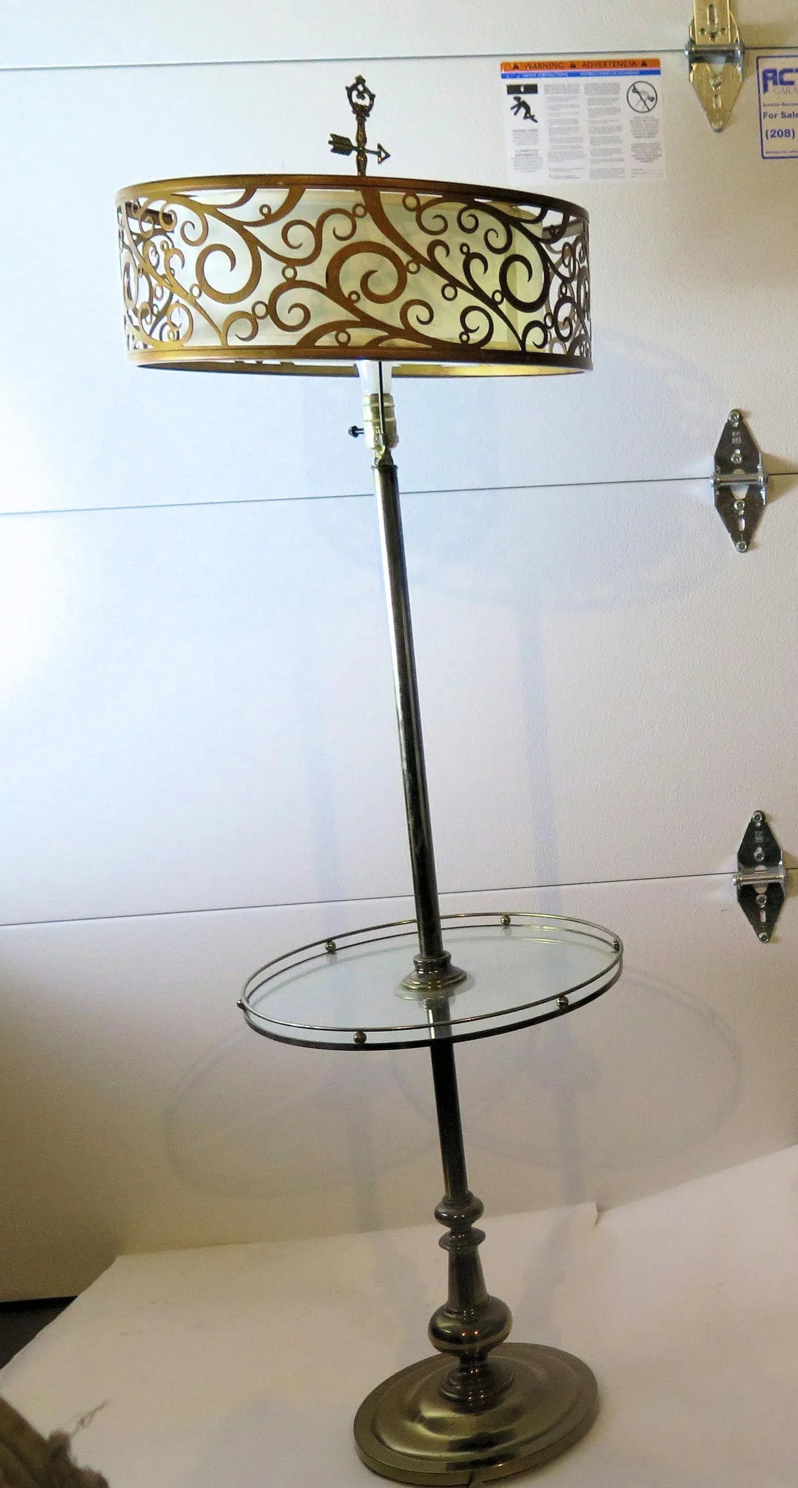 Vintage French Floor Lamp With Circular Tray With Raised Balcony and Cut Out Metal Shade - 8