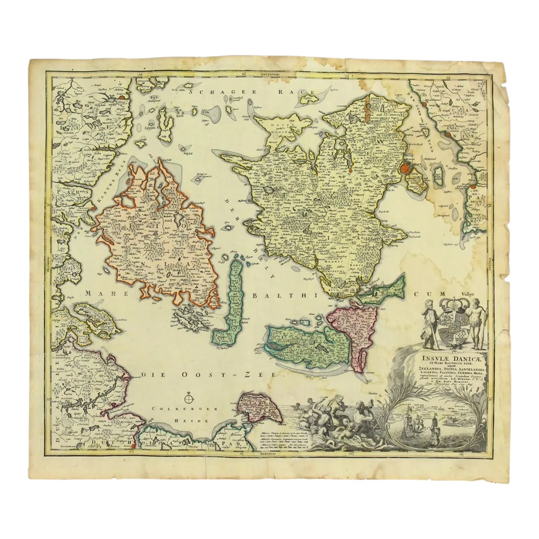 Johann Baptist Homann (1664-1724, Nuremberg) Map of Denmark, C. 1715-1730: a beautiful engraved map of Denmark by Johann Homann. The map shows the principal islands to include the eastern coastline of Denmark and a little of Sweden. Topographic detail identifies the Baltic S