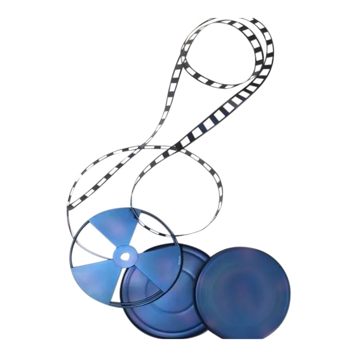 1990s Curtis Jere Blue Film Reel Wall Sculpture: Curtis Jere "Director's Cut' wall art, signed 1995. Blue scupture of film reel is an attractive, unique piece for any theater room. Condition: very Good+ Dimensions: 42" H x 26" W x 2" D Condition: Al