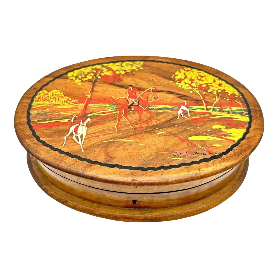 Late 1800s Antique Hand Painted Hunt Scene Signed Wooden Box: This is an exquisite wooden box that features a hand-painted hunt scene, and has an English country style that adds to its charm. It is a one-of-a-kind piece that is handmade and signed by the