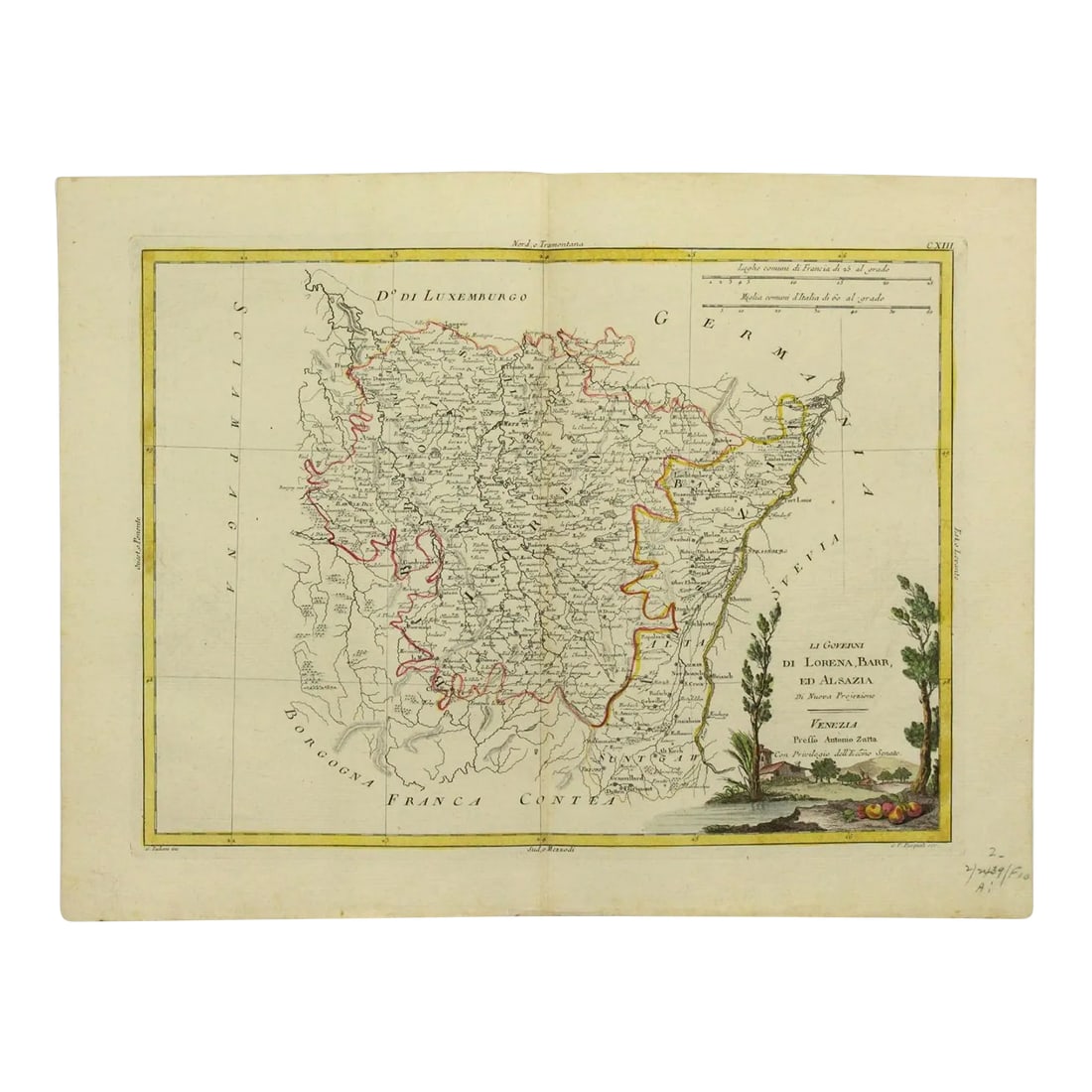 1775 Regional Map Alsace France by Antonio Zatta (1722-1803) Atlante Novissimo: A rare, original 18th century regional map Engraved, hand-colored in outline, double-page map showing administrative divisions, towns, villages, forests, mountains and rivers. Relief shown by hachures