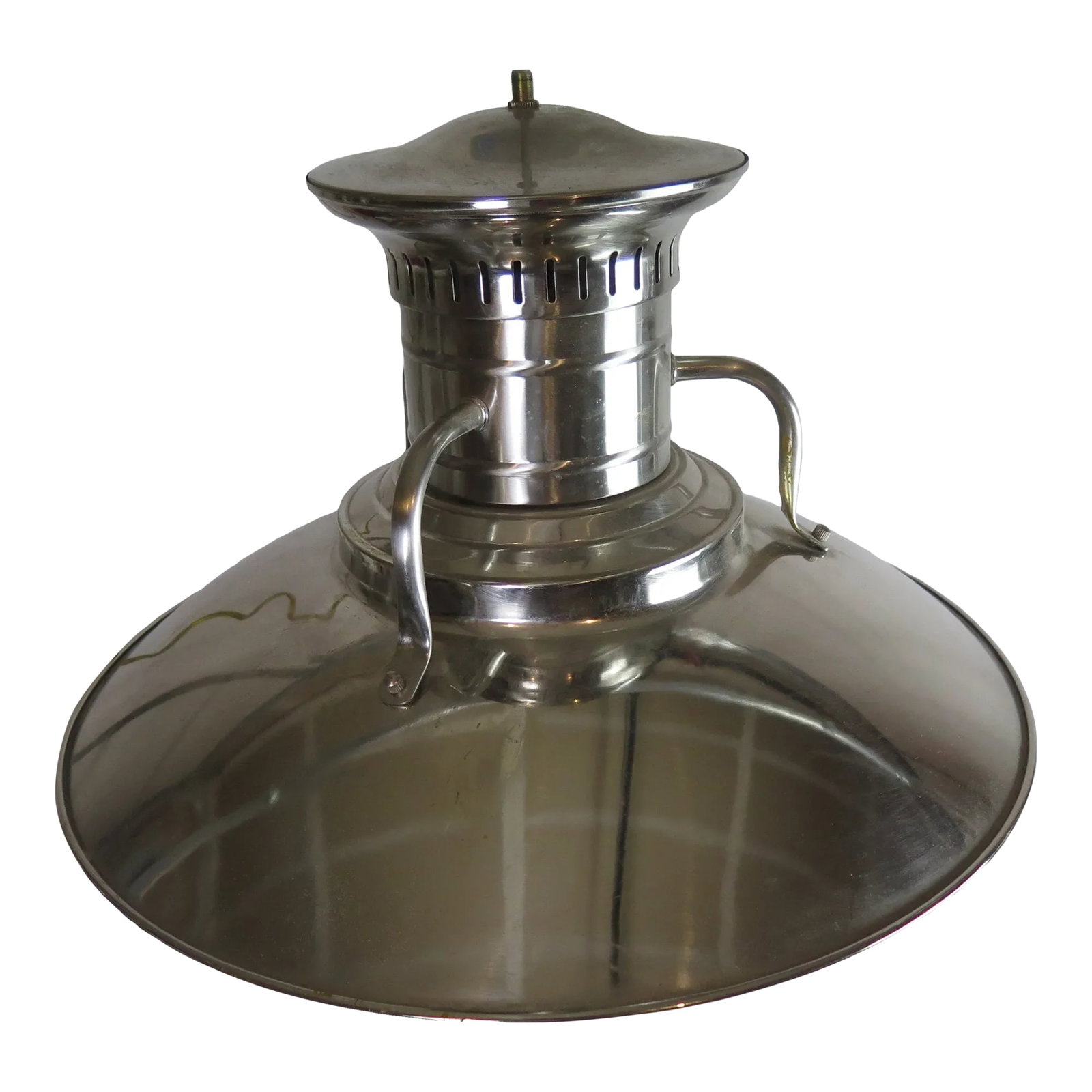 Large Vintage 1990s Stainless Steel Pendant: Large vintage style farmhouse steel pendant with sleek lines and a bright golden glow. I found this light at Liz's Hardware on La Brea Avenue a section of West Hollywood, California. Condition: Altera