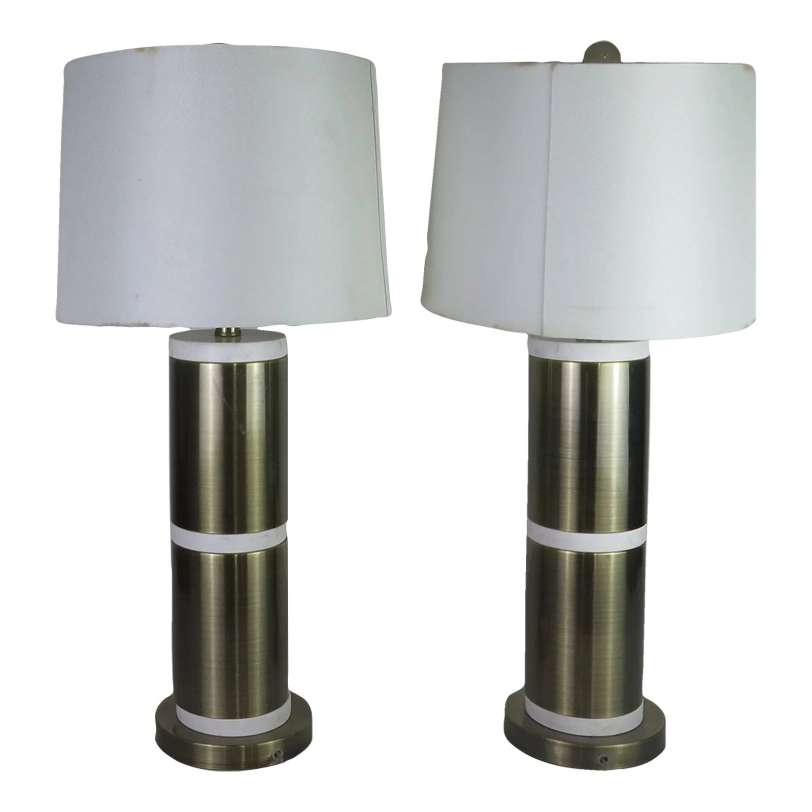 1990s Gold and White Italian Style Architectural Lamps With Lamp Shades - a Pair: Gold and white Italian architectural style vintage table lamps. The white part of the lamps are faux marble and they play off the more dominant gold color metal.. They are smart and attention grabbing