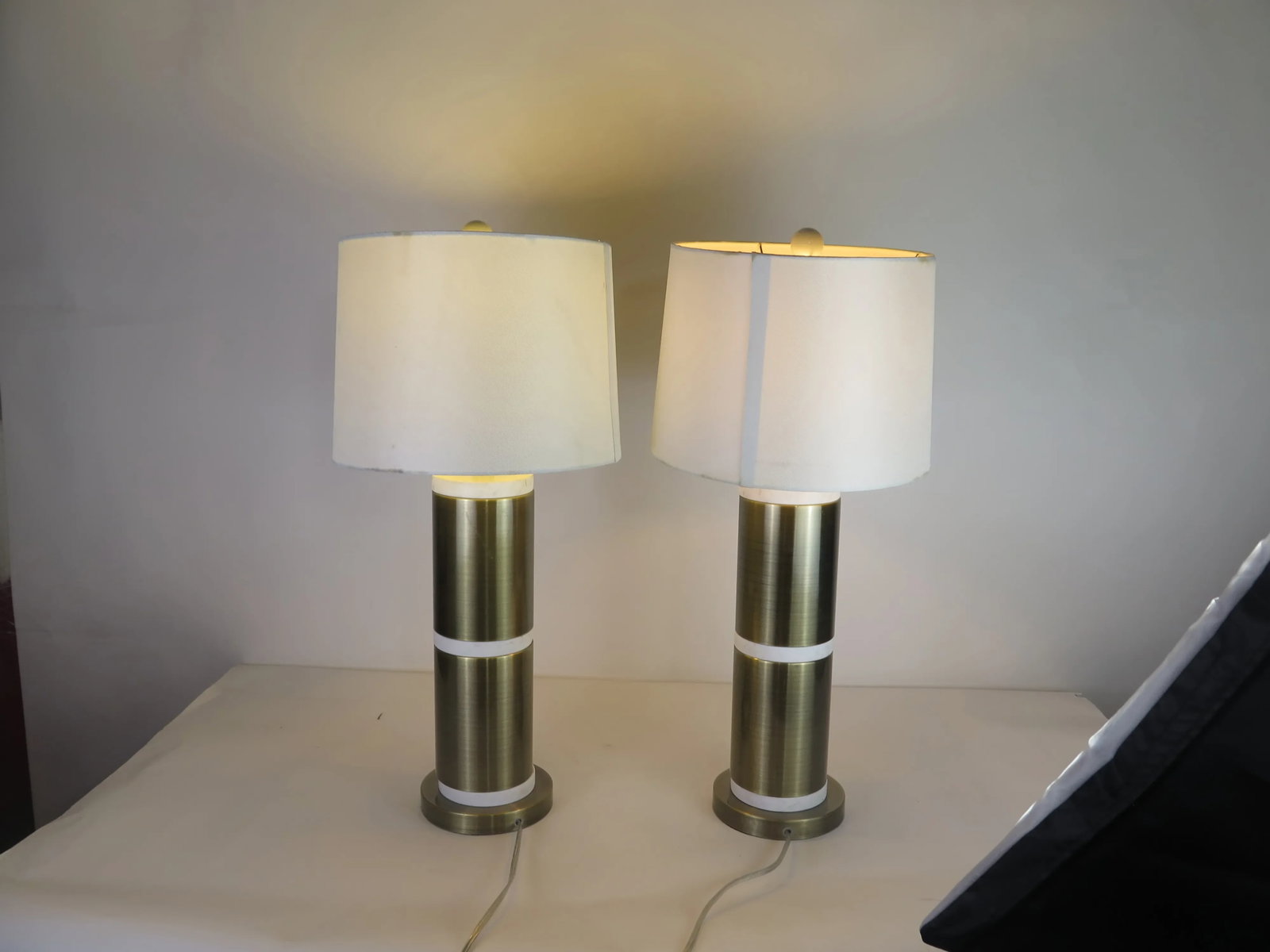 1990s Gold and White Italian Style Architectural Lamps With Lamp Shades - a Pair - 2