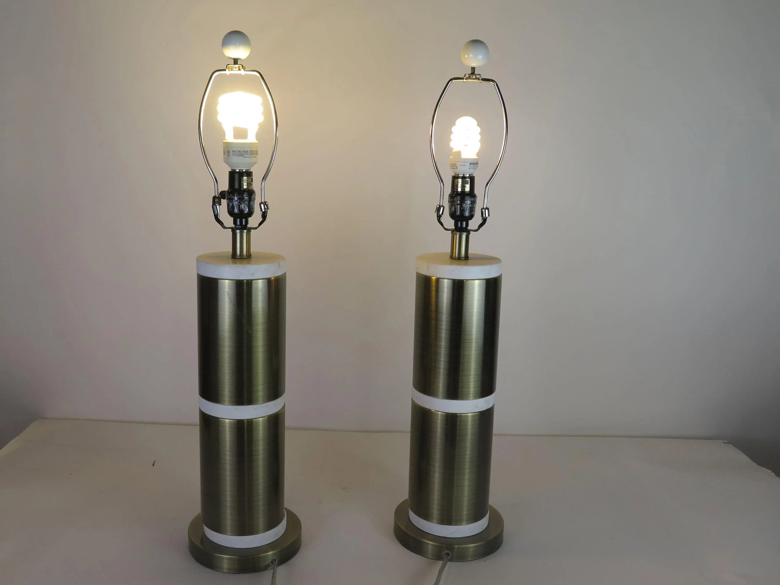 1990s Gold and White Italian Style Architectural Lamps With Lamp Shades - a Pair - 3