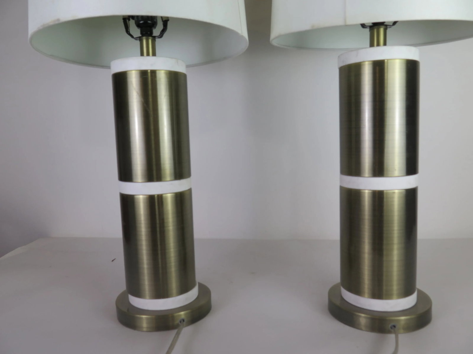 1990s Gold and White Italian Style Architectural Lamps With Lamp Shades - a Pair - 5