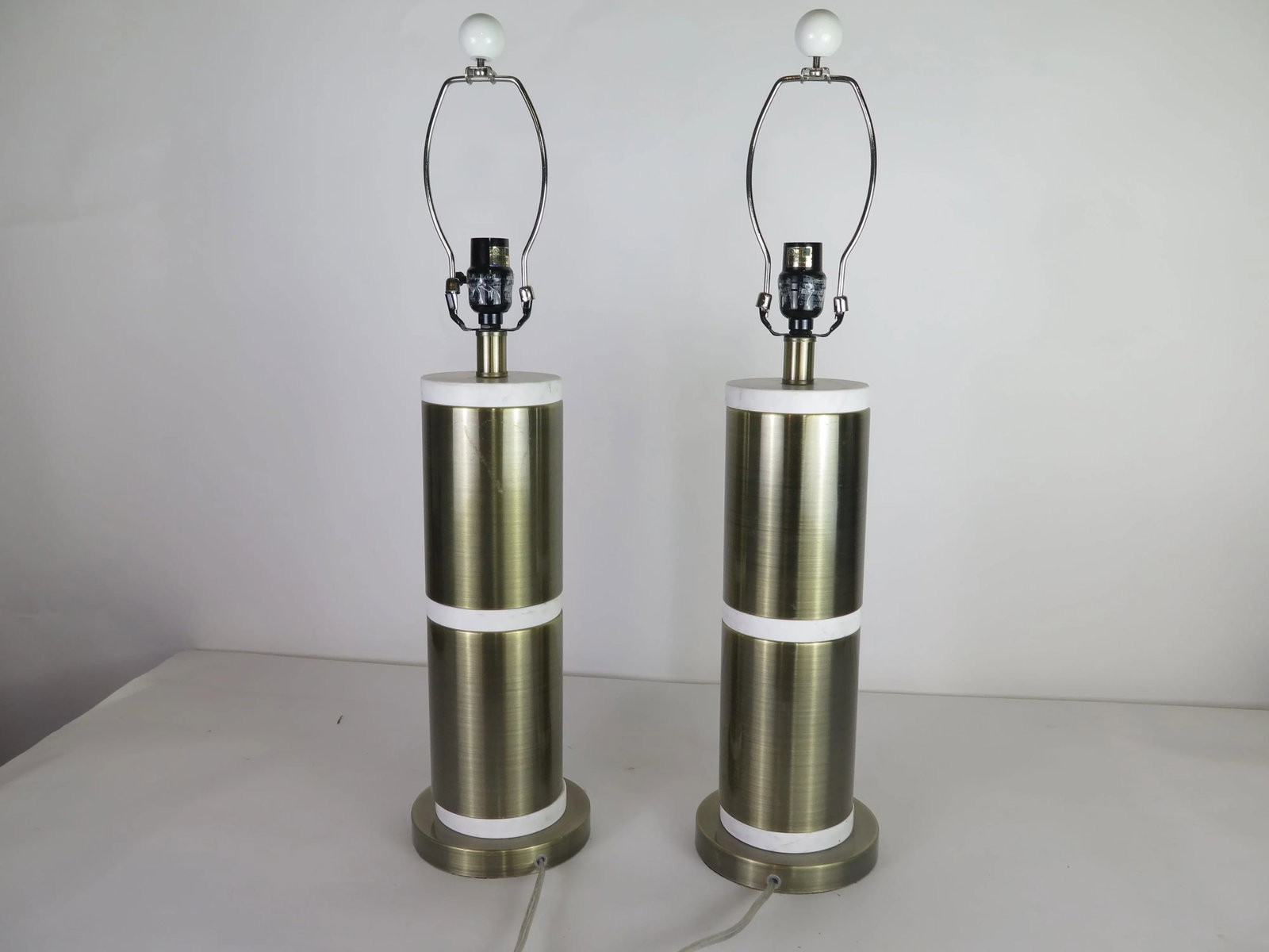 1990s Gold and White Italian Style Architectural Lamps With Lamp Shades - a Pair - 6