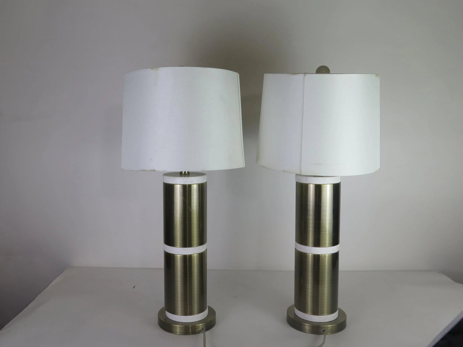 1990s Gold and White Italian Style Architectural Lamps With Lamp Shades - a Pair - 7