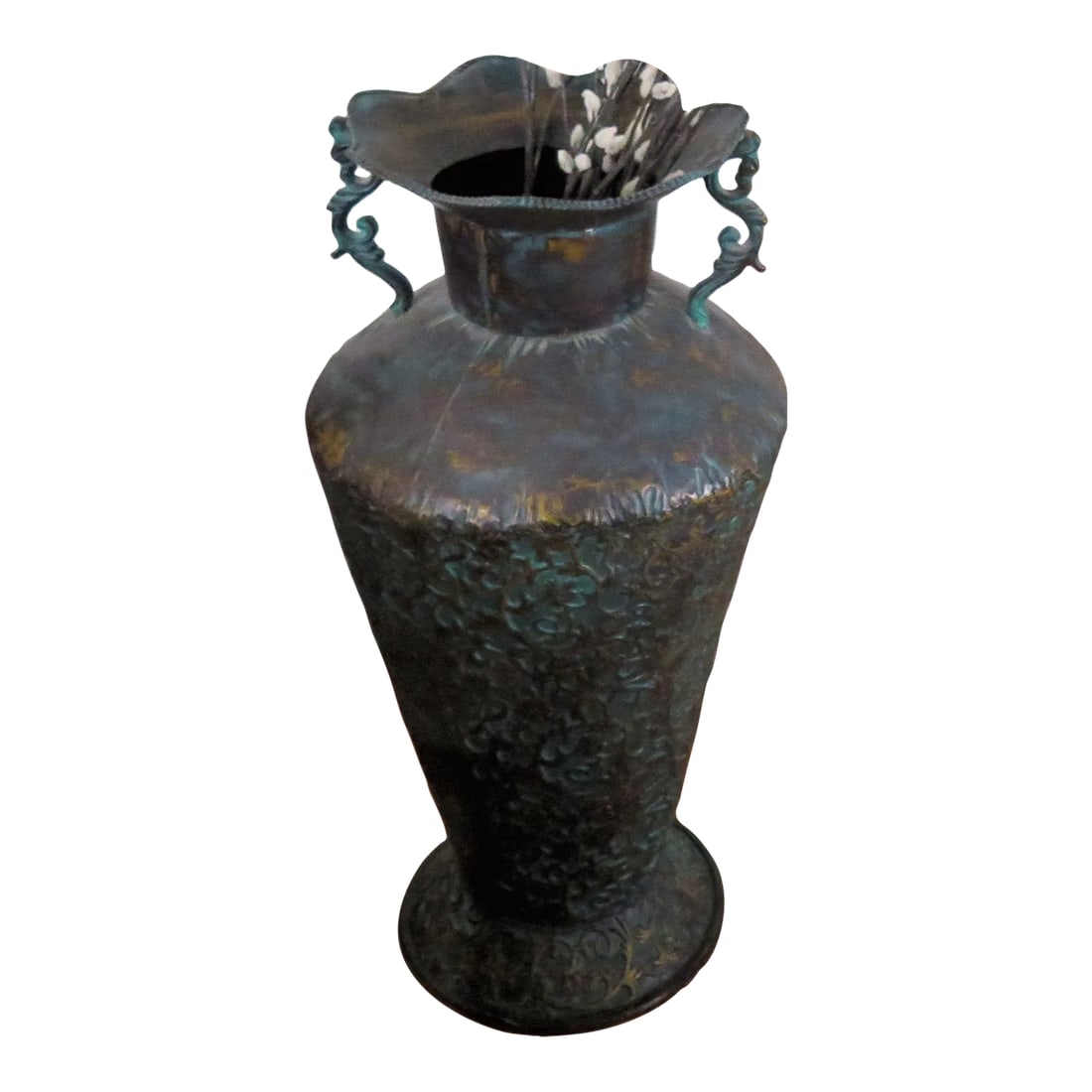 Large Italian Style Decorative Hammered Turquoise Metal Urn: This is a large Italian style decorative vase w/pussy willows for decoration. The vase has a hammered texture with a metal and turquoise patina. It can be used in any room or corner you want to