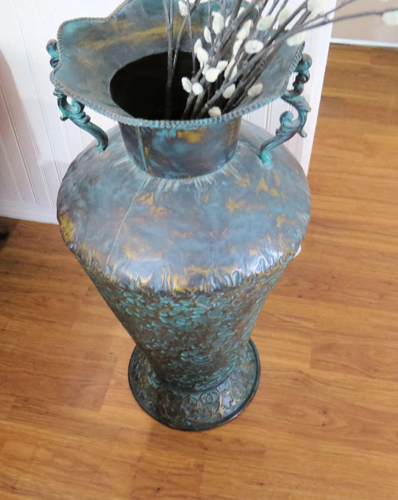 Large Italian Style Decorative Hammered Turquoise Metal Urn - 3