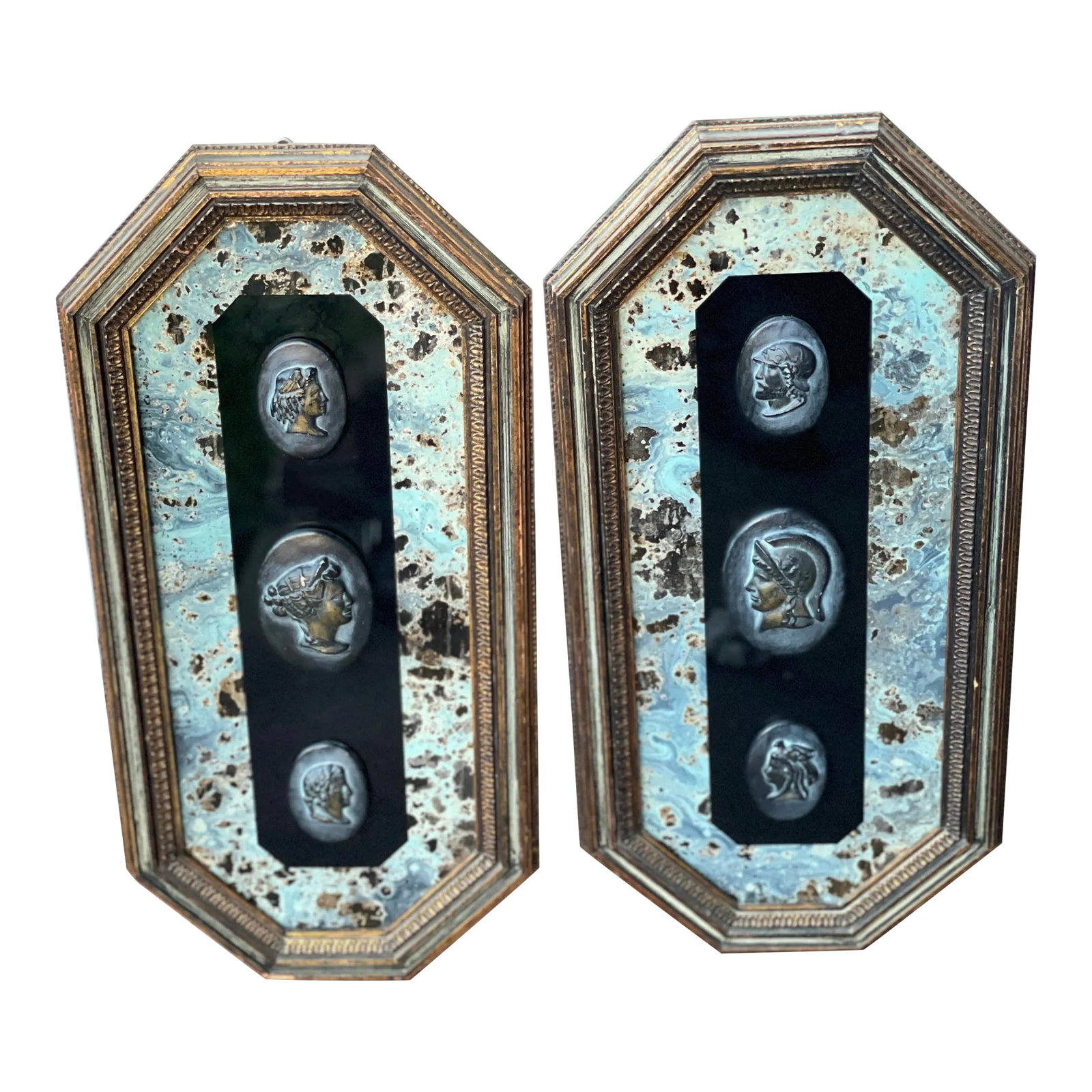 1960s Vintage Andrew Kolb & Son Framed Hanging Wall Decor Black Chalkware Faces - a Pair: Vintage wall art by Andrew Kolb & Son Inc. Sold as a set. One frame features male character representations and the other features female. They've got a Hollywood regency meets Greco Roman imagery