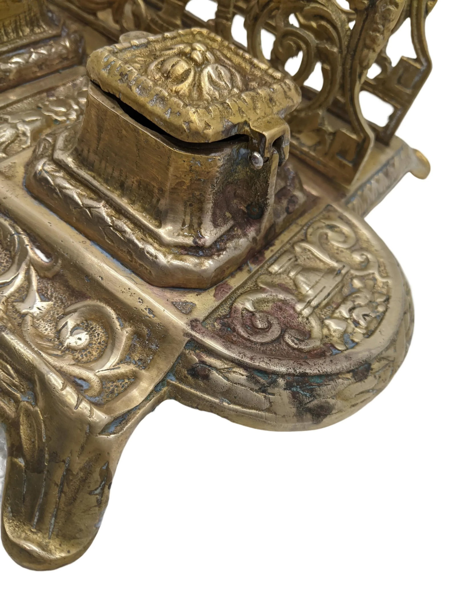 Early 20th Century Antique Brass Double Inkwell Stand and Letter Holder Desk Organizer - 2