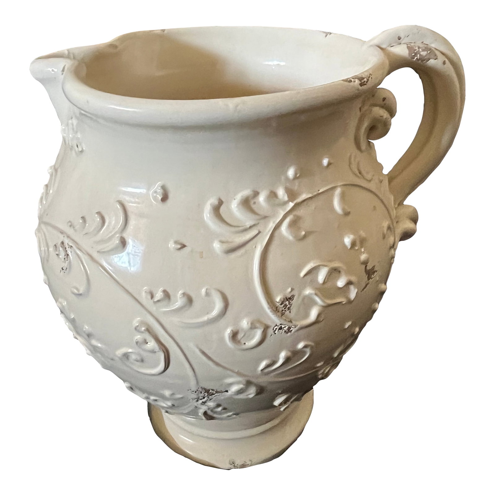 1990s Extra Large Arte Italica Cream Color Rustic Italian Pitcher: Rare handcrafted ARTE ITALICA BY Italian ceramic pitcher beautiful detailed scrollings and aged appearance. The grand size makes this a stunning decor piece. I displayed this in my studio with large