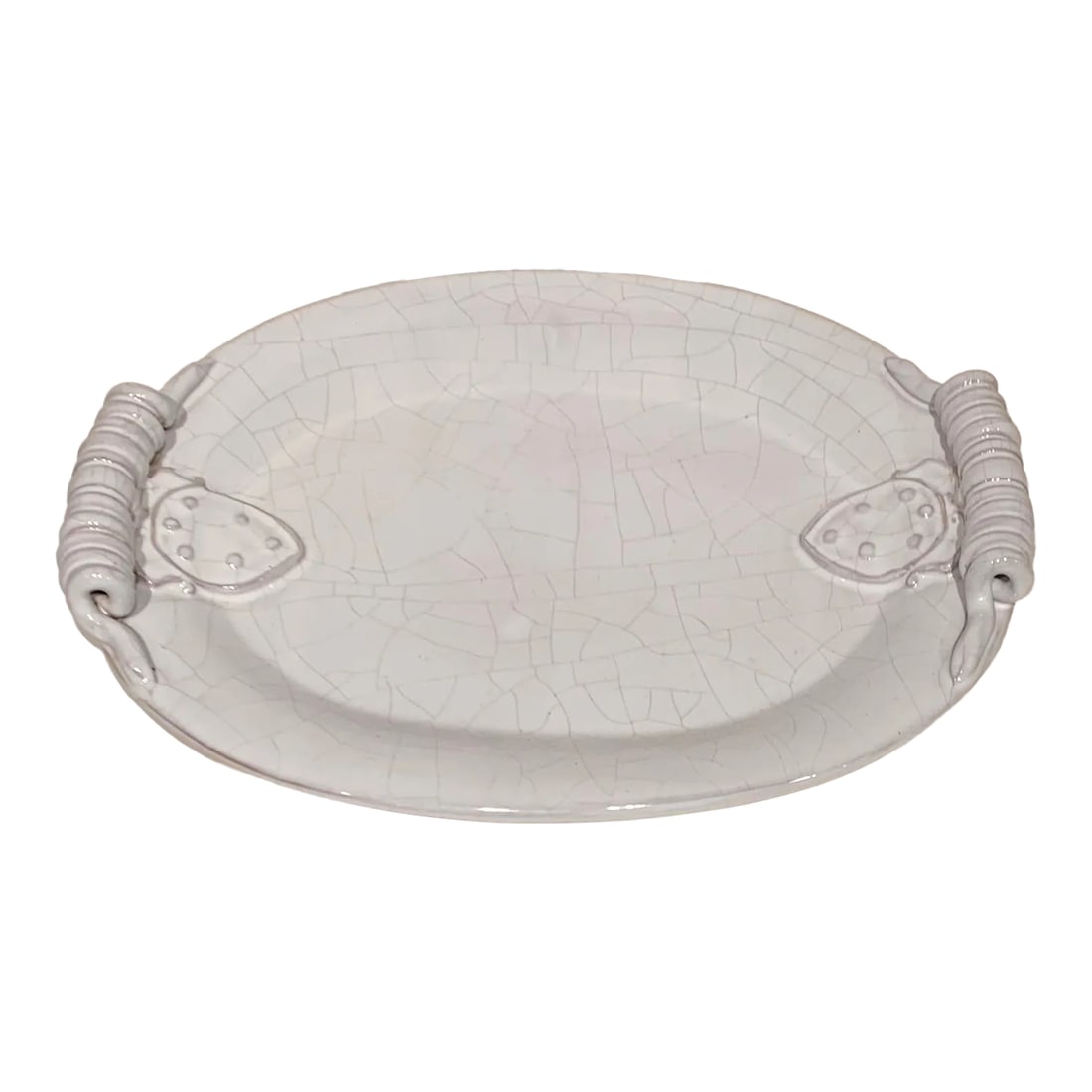 Vintage Italian Crackled Ceramic Platter: Vintage 1990s Crackled Ceramic Platter with large rolled handles by La Piccola Bottega, Italy. Condition: Alterations: Original Condition Unaltered Imperfections: Some Imperfections Condition Notes: