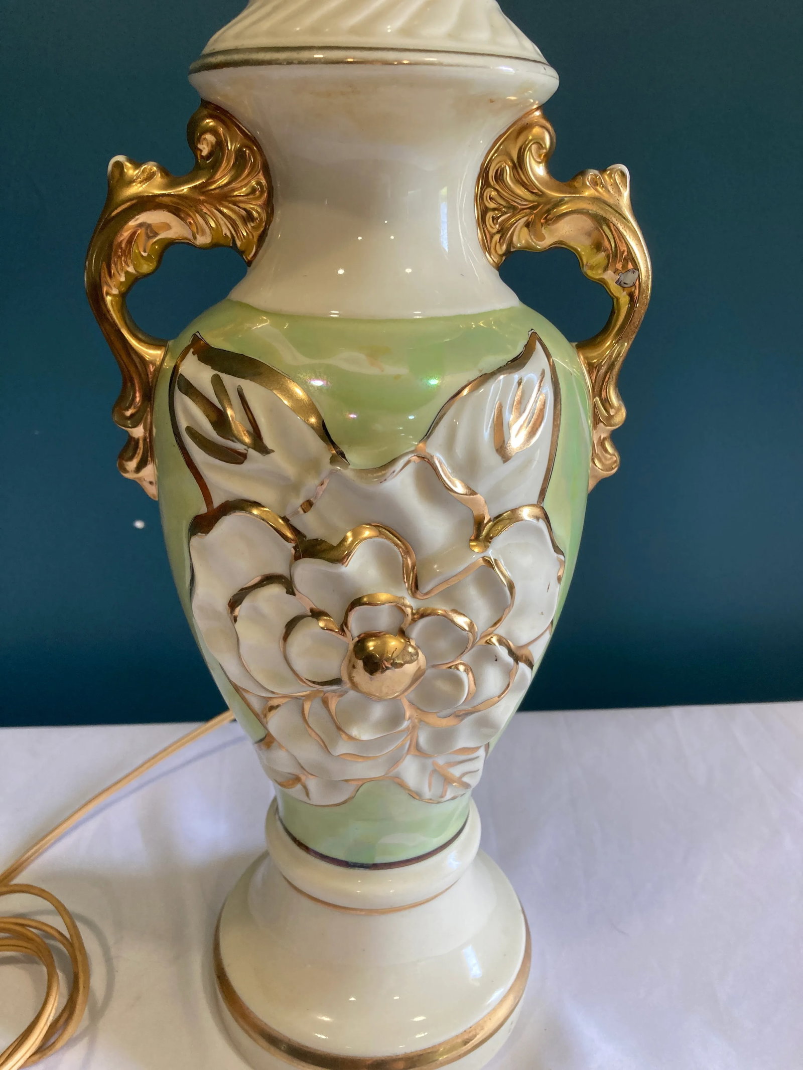 1940's Hand Painted Green & Gold Urn Lamp - 2
