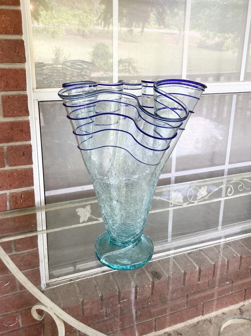 1970s Large Ruffled Crackle Applied Blue Ribbon Art Glass Vase - 2
