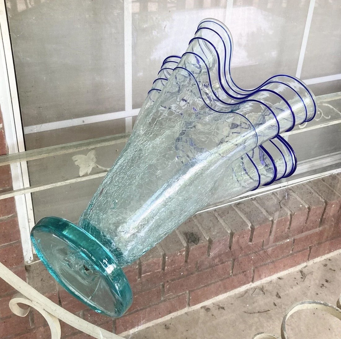 1970s Large Ruffled Crackle Applied Blue Ribbon Art Glass Vase - 3