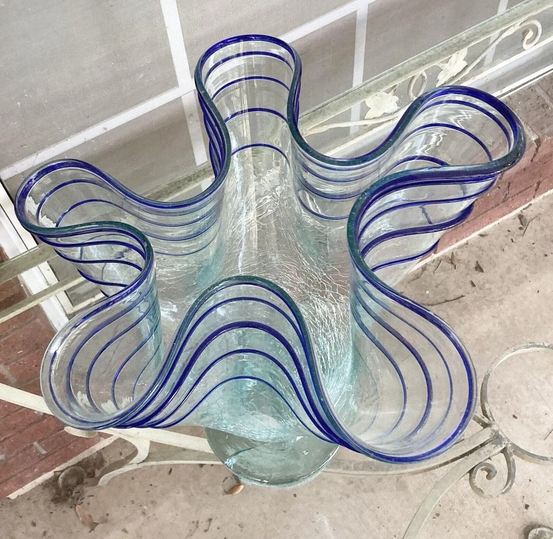 1970s Large Ruffled Crackle Applied Blue Ribbon Art Glass Vase - 4