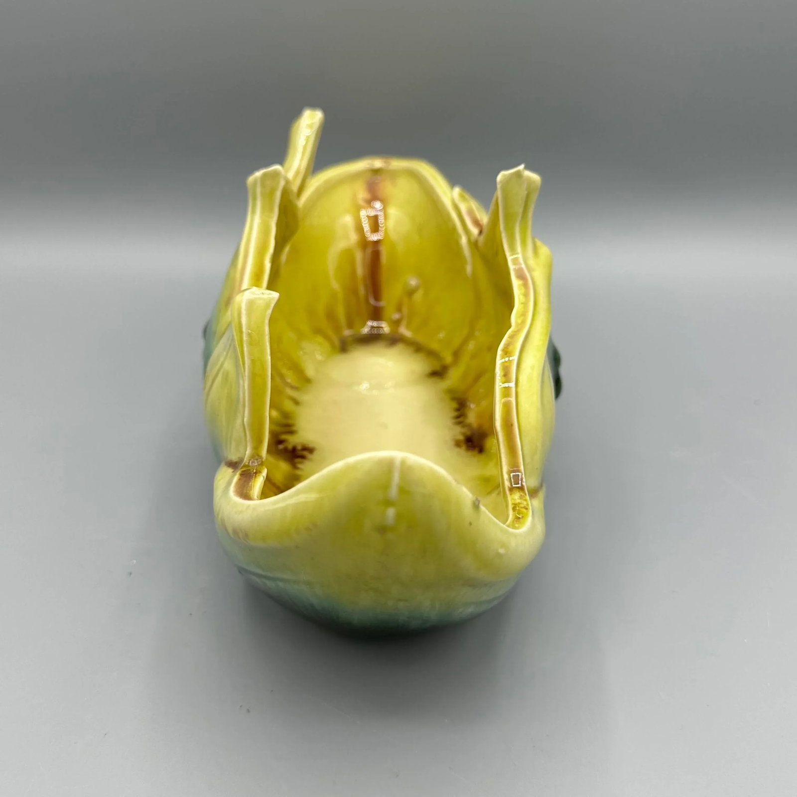 Vintage Hull Pottery Console Bowl Green and Yellow Leaf Style Pattern Ceramic - 5