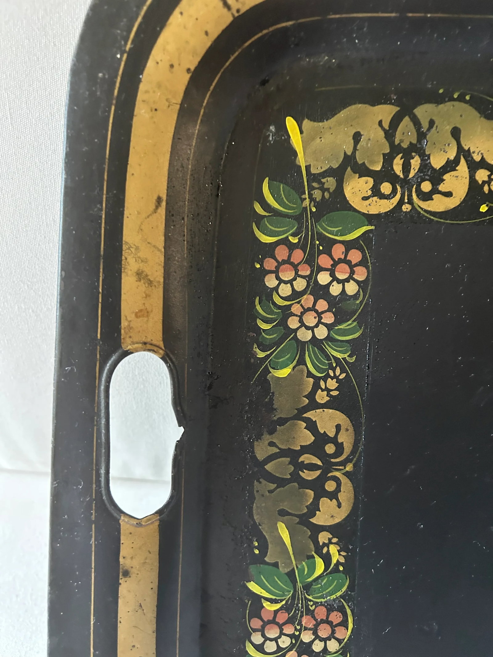 Antique Folk Art Black and Gold Tole Metal Tray - 10