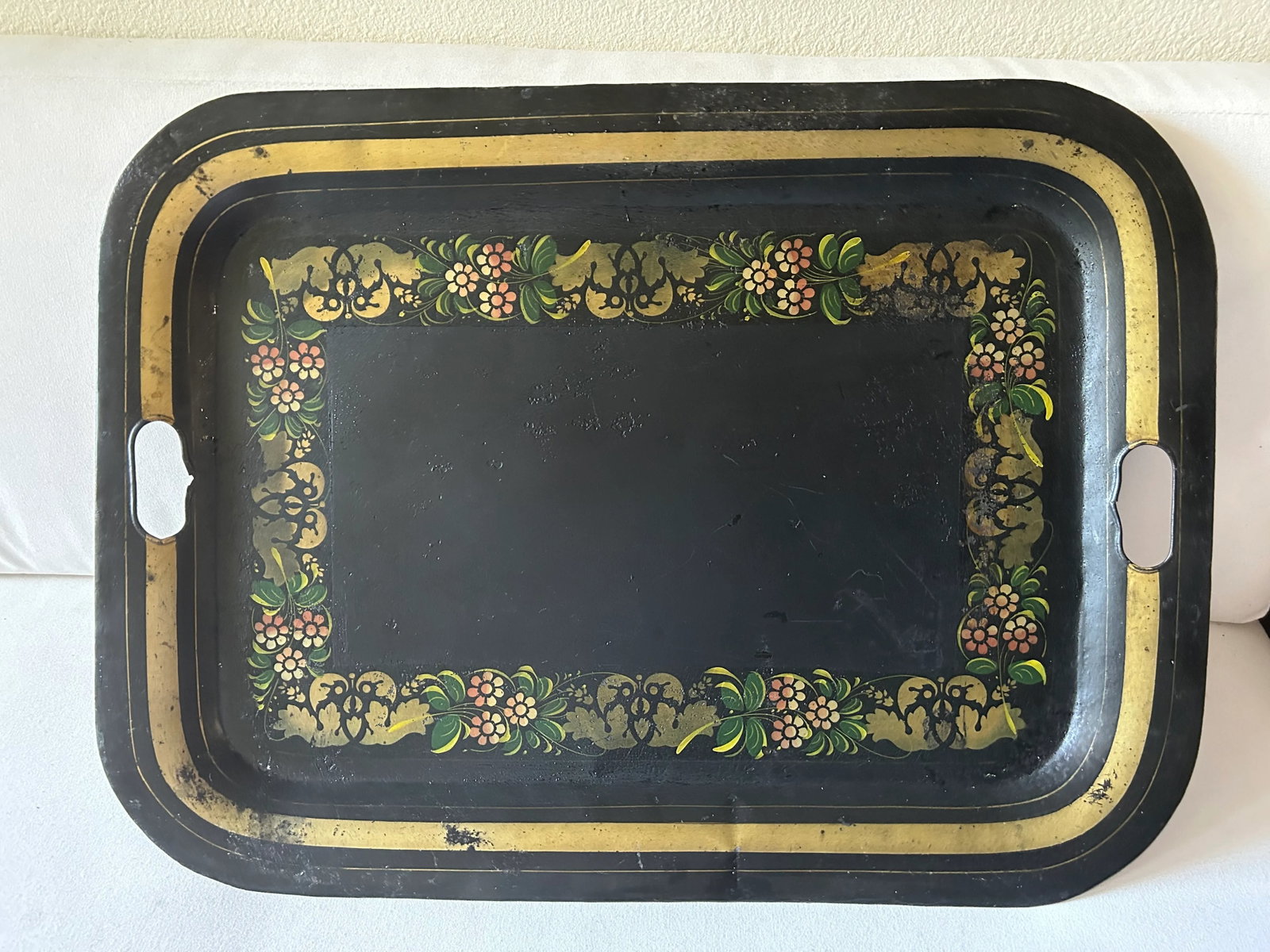 Antique Folk Art Black and Gold Tole Metal Tray - 11