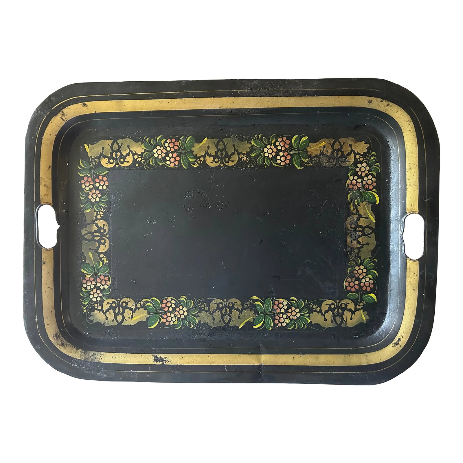 Antique Folk Art Black and Gold Tole Metal Tray: This hard working and beautiful black tole metal service tray is decorated with gold trim and gold and green flowers and leaves. Made in America circa 1900s the tray has a sticker on the bottom (