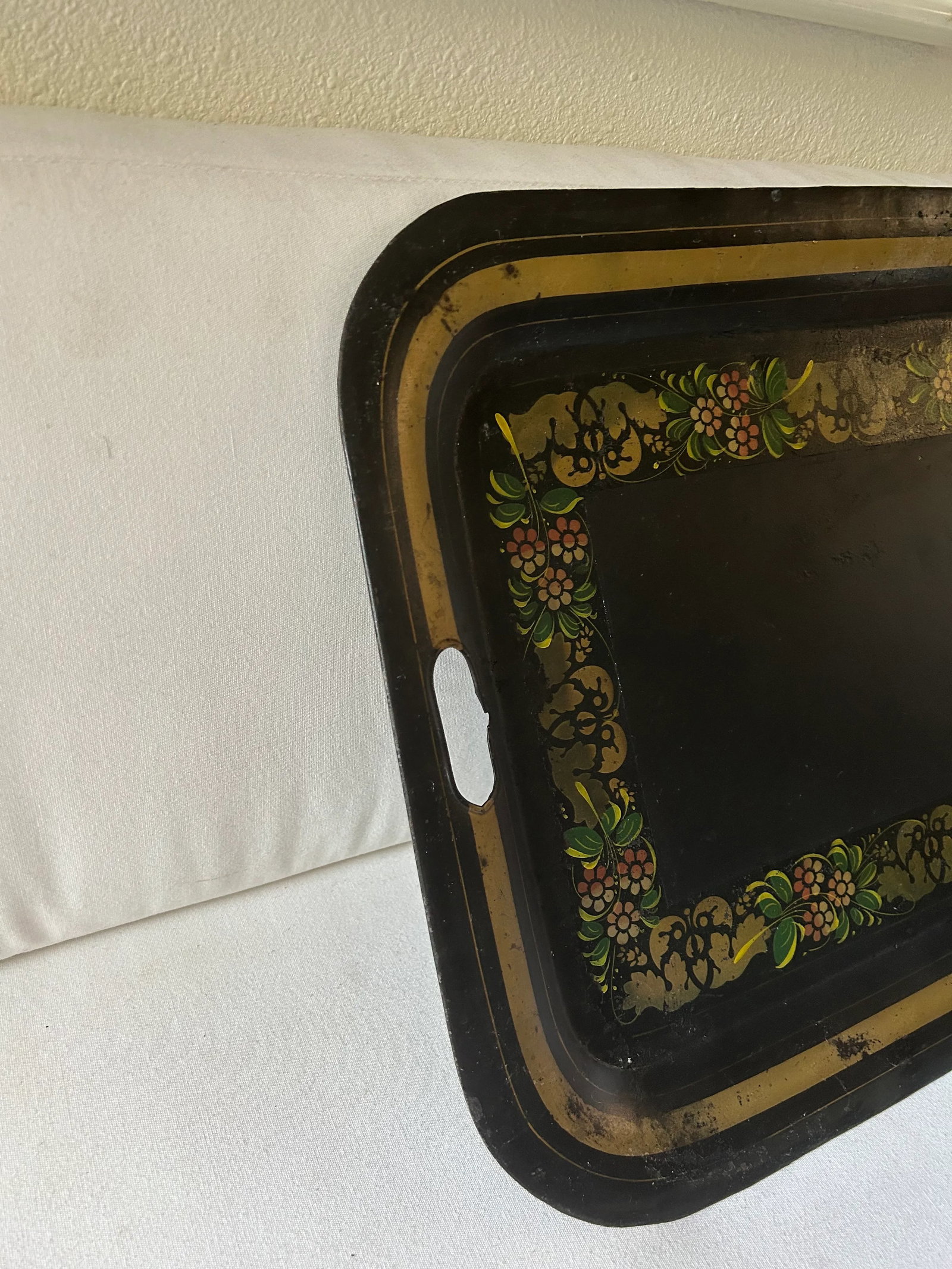Antique Folk Art Black and Gold Tole Metal Tray - 2