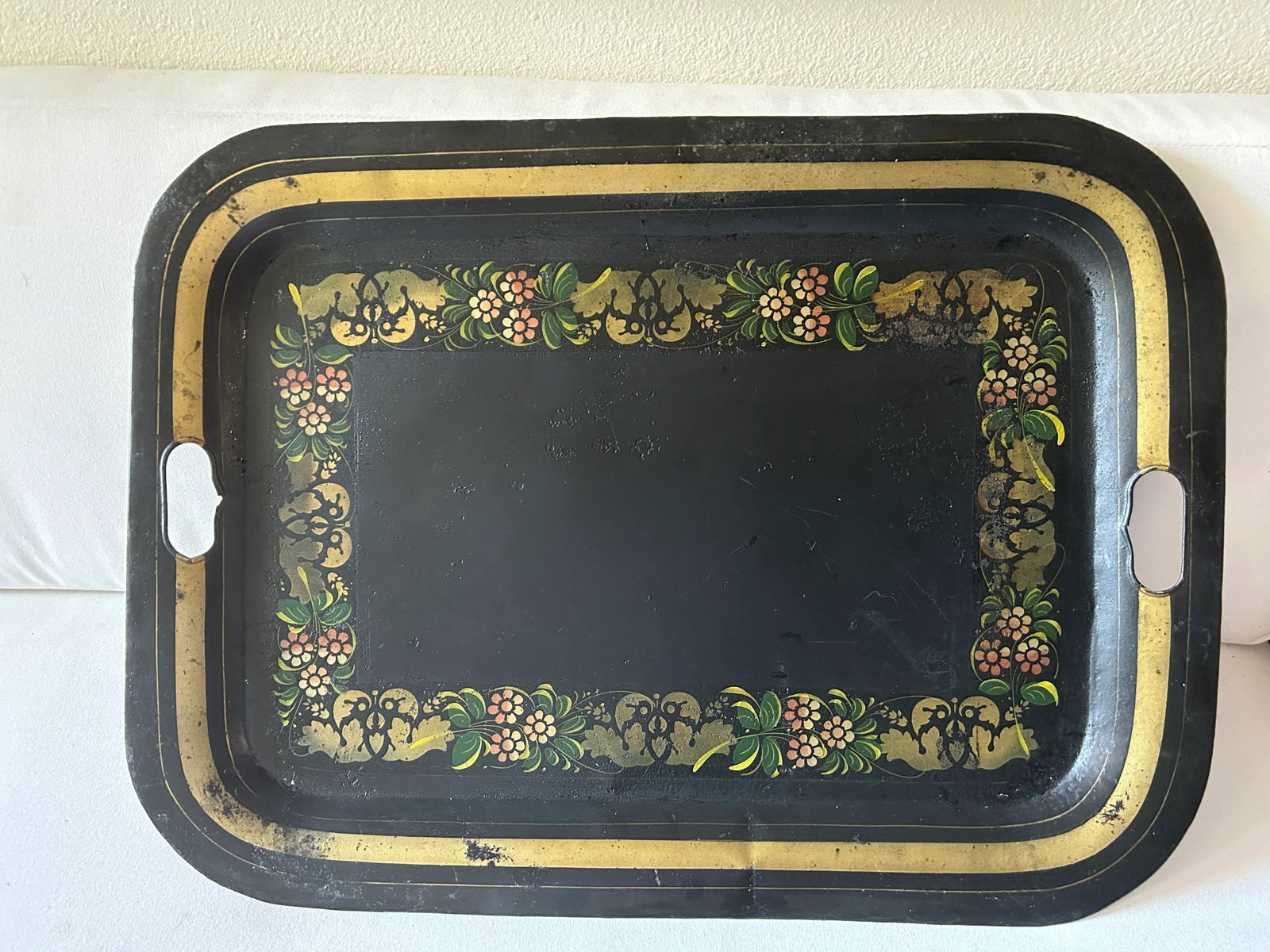 Antique Folk Art Black and Gold Tole Metal Tray - 3