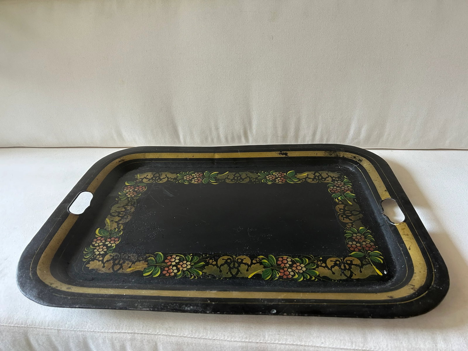 Antique Folk Art Black and Gold Tole Metal Tray - 4