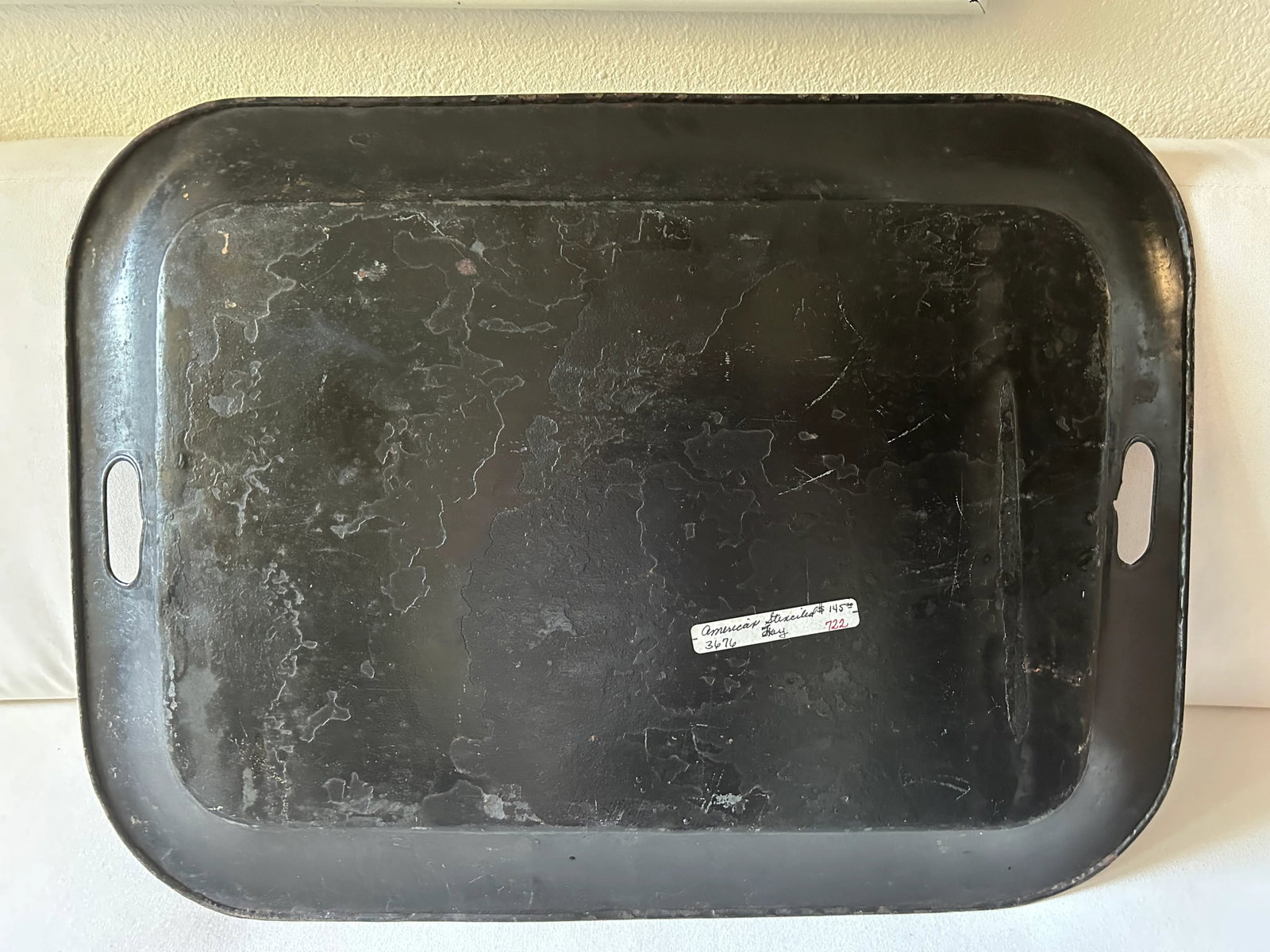 Antique Folk Art Black and Gold Tole Metal Tray - 6
