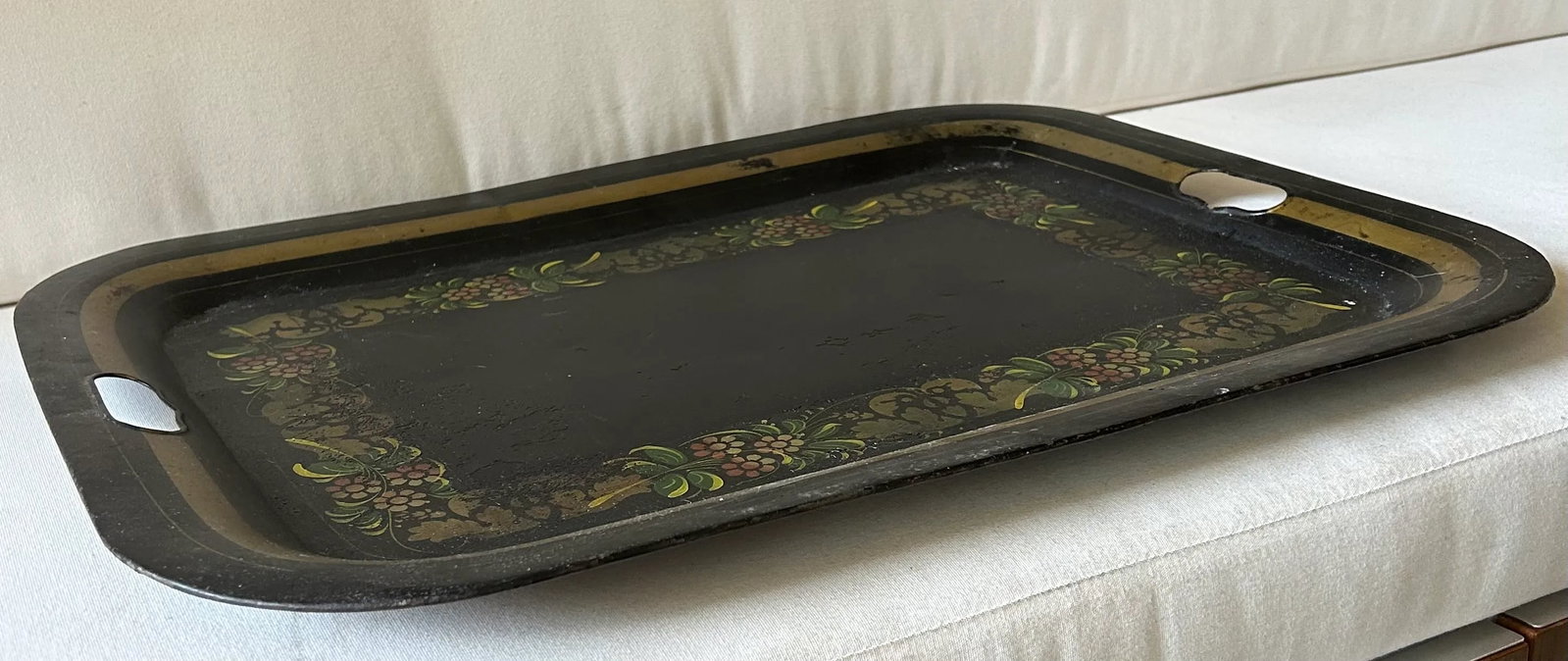 Antique Folk Art Black and Gold Tole Metal Tray - 7
