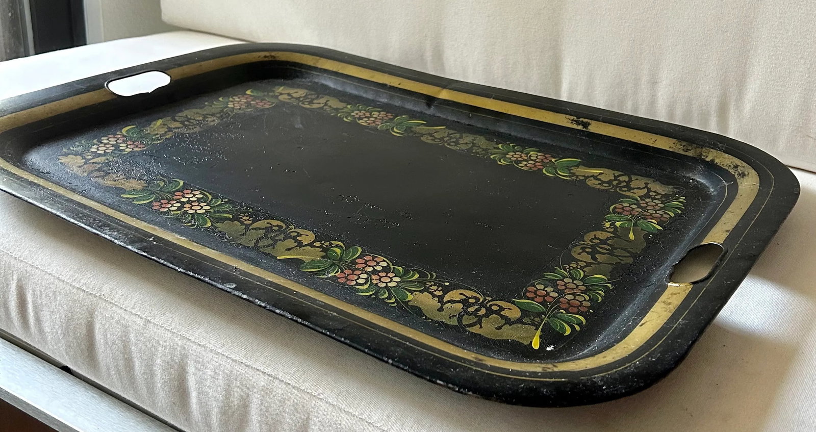 Antique Folk Art Black and Gold Tole Metal Tray - 9