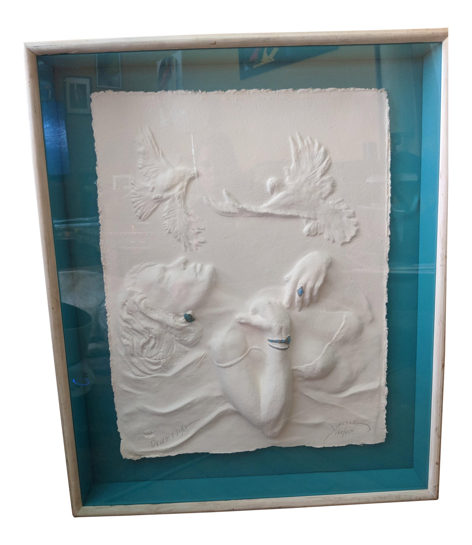 Framed Relief Sculpture by Purcell "Dream Flight" 148/850 Signed: Signed relief painting/sculpture by Purcell, "Dream Flight" number 148 of 850. Framed shadowbox style. Hand cast from 100% cotton paper. The picture shows some glare in the right middle from the