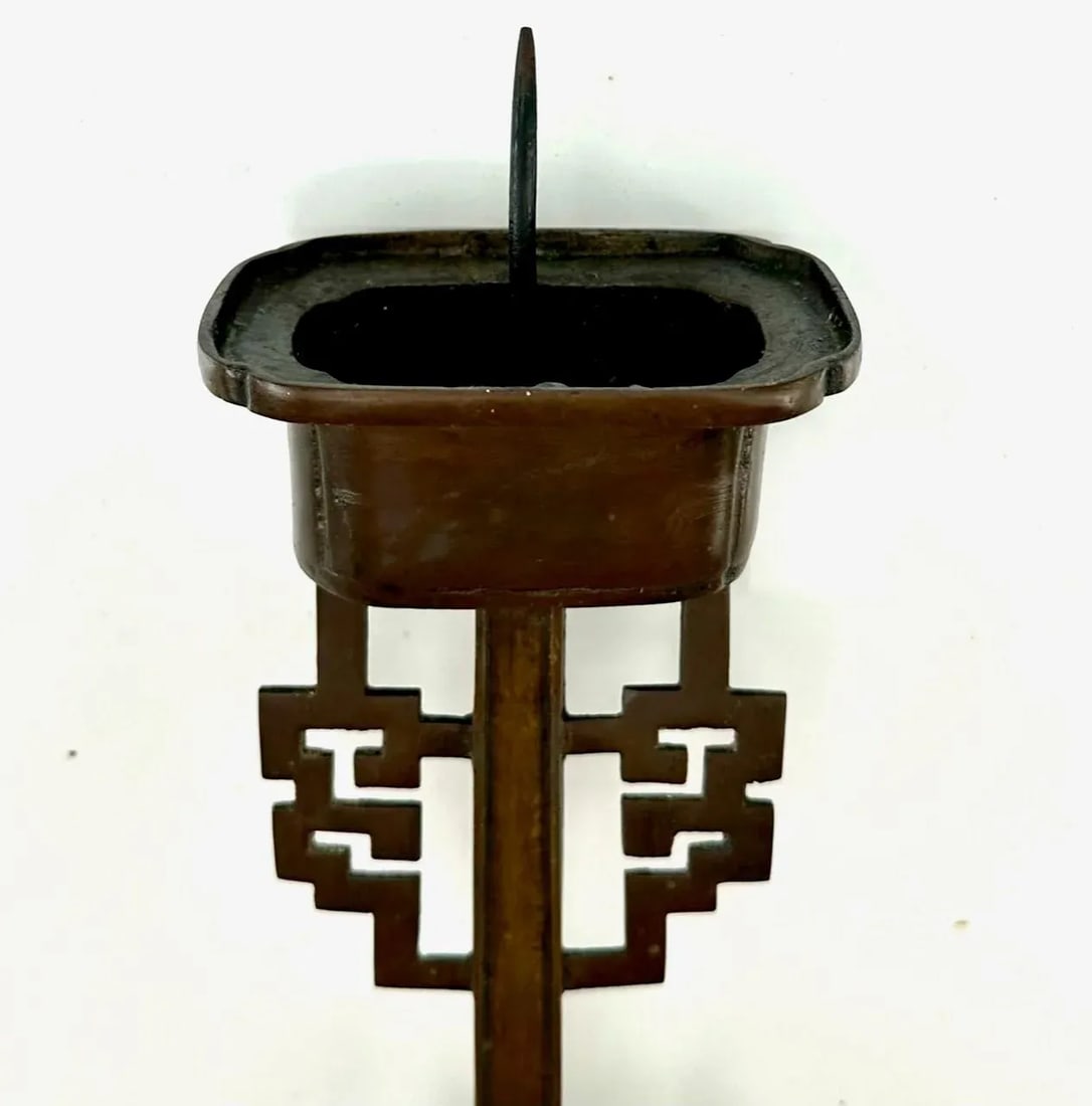 Tall Chinese Bronze Wedding "Double Happiness" Candlestick. - 3