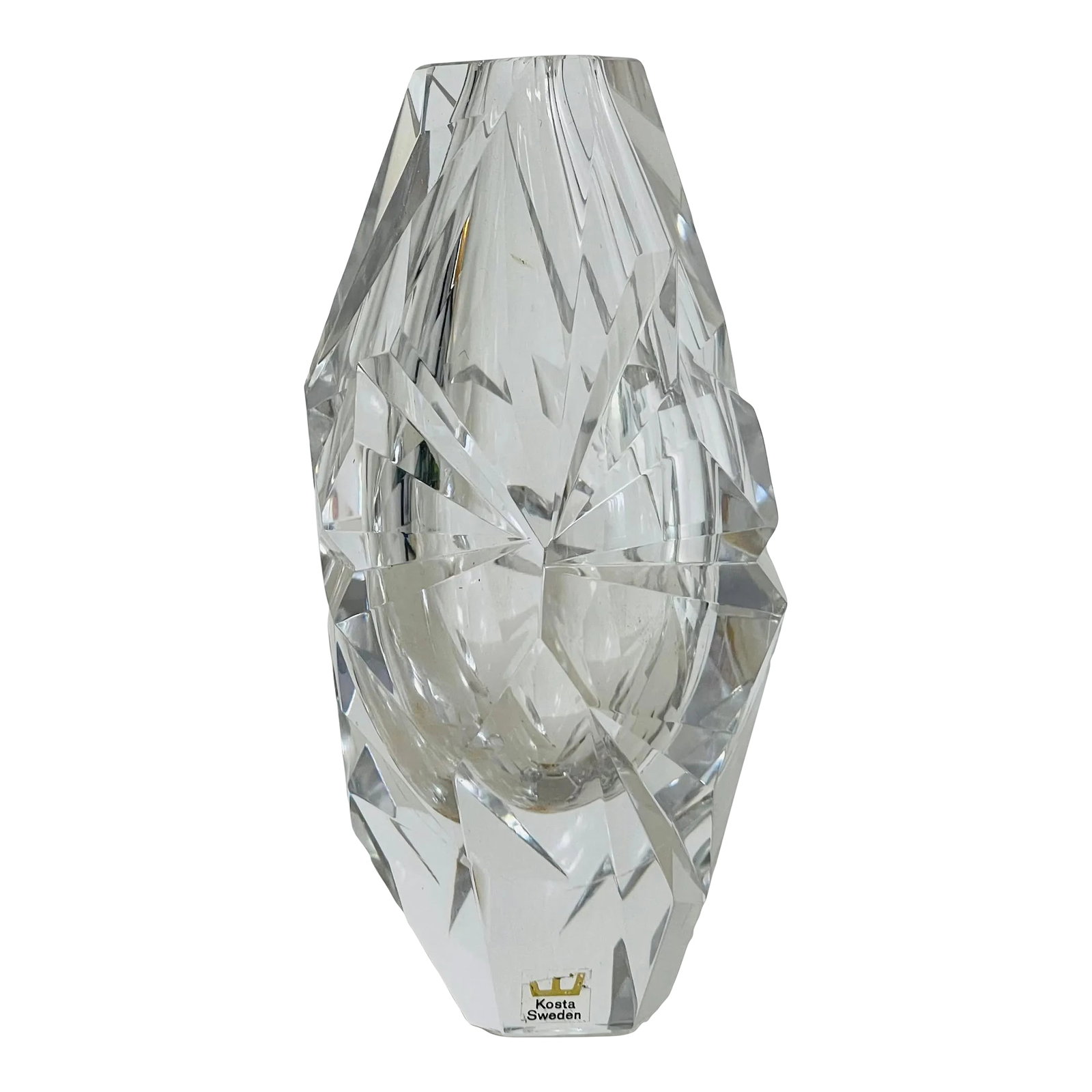 1960s Vicke Lindstrand for Kosta Boda Cut Glass Vase Sweden: 1960s Vicke Lindstrand for Kosta Boda Cut Glass Vase, Sweden A striking example of Scandinavian artistry, this vintage cut glass vase was designed by renowned Swedish designer Vicke Lindstrand for