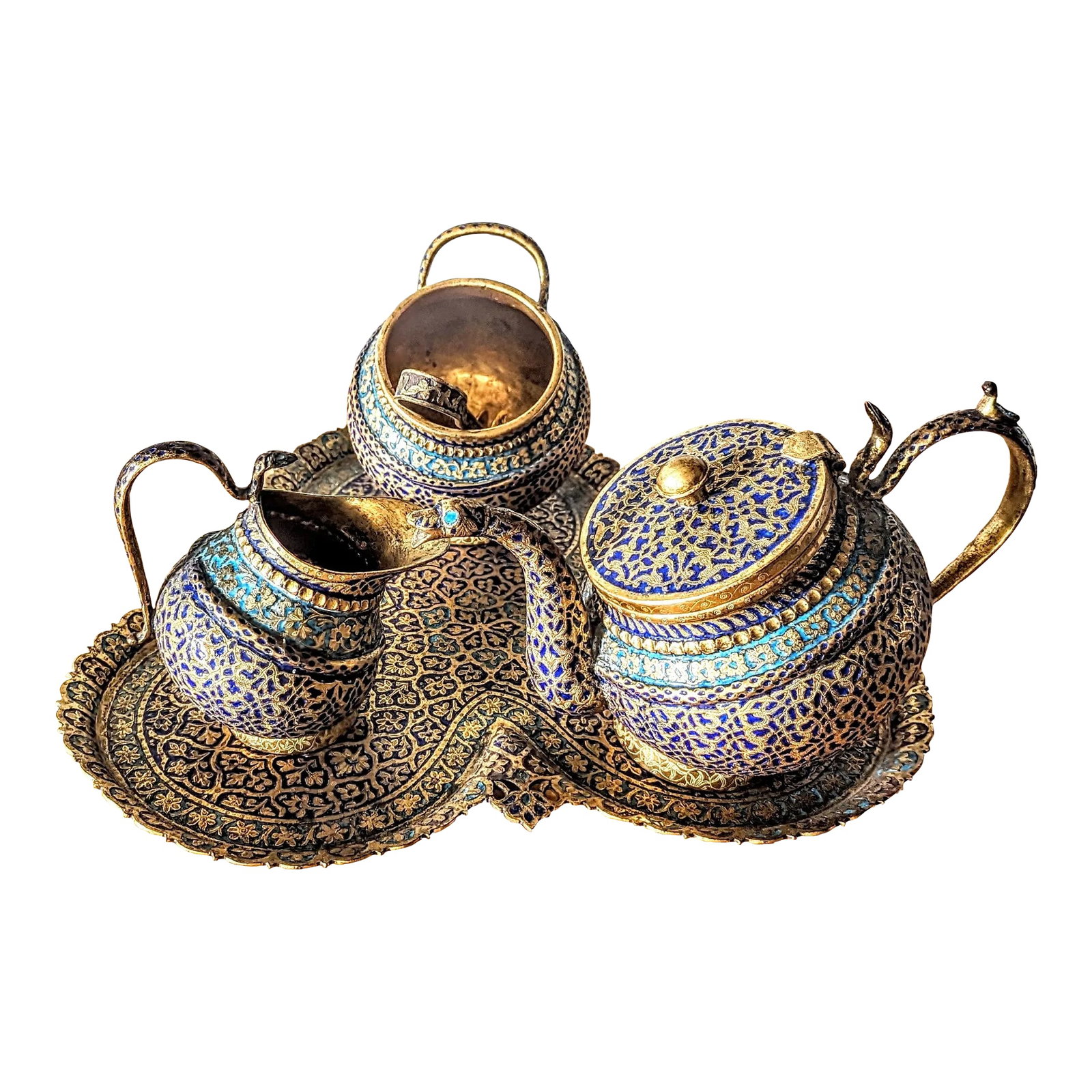 Mid 19th Century Kashmiri Tilted and Lacquered 5 Piece Coffee/Tea Service: CORRECTION TO SHIPPING TIME, THIS IS SELLER SHIPPING, ARRIVAL TIME IS 4-10 DAYS FROM PURCHASE DATE. The quintessential Kashmiri 19th Century tea set is a rarity in this condition with all pieces. The
