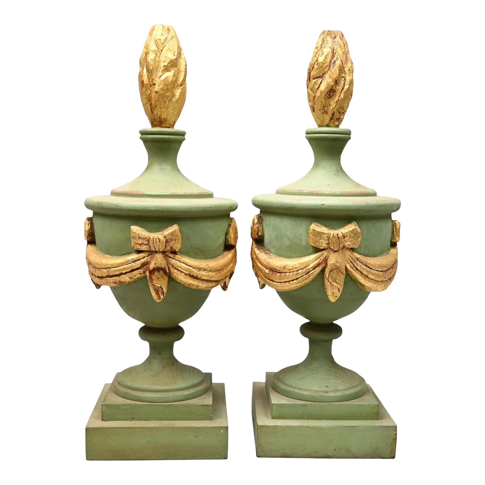 Decorative Pair of Early 20th Century Wooden Light Green and Gold Painted Architectural Finials: Decorative Pair of Wooden Light Green and Gold painted Architectural finials Anonymous Probably ate 19th or early 20th century; American in the European style Painted and gilded pine wood Approximate